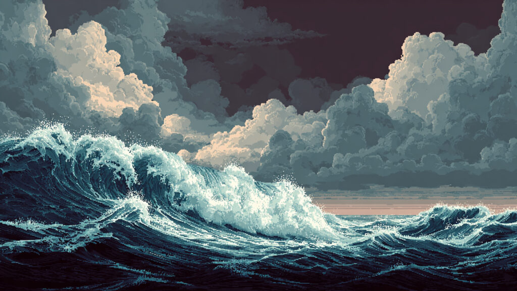 ドット絵風｜荒れた海の背景素材
