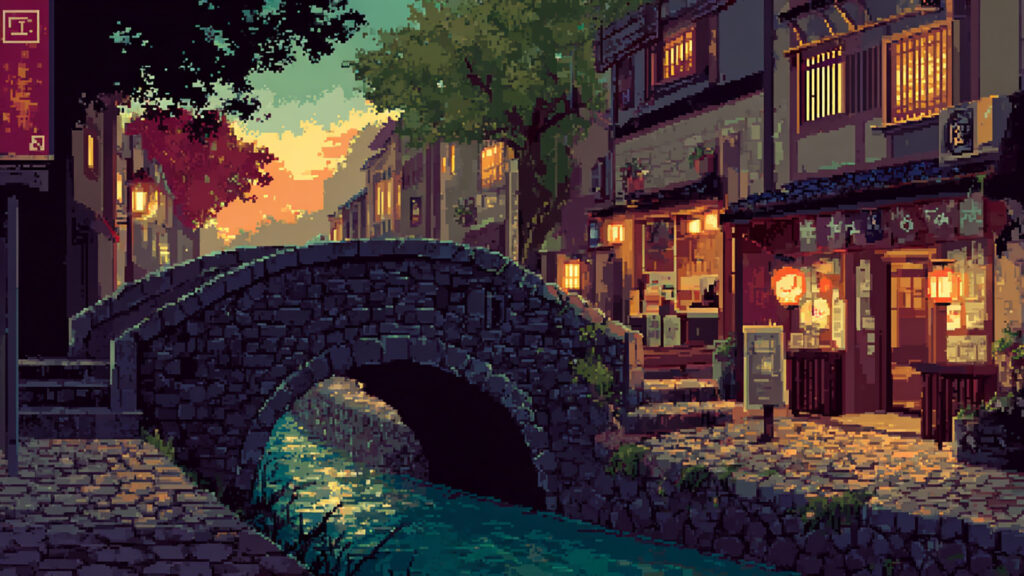 ドット絵風｜橋上の街並み背景素材
