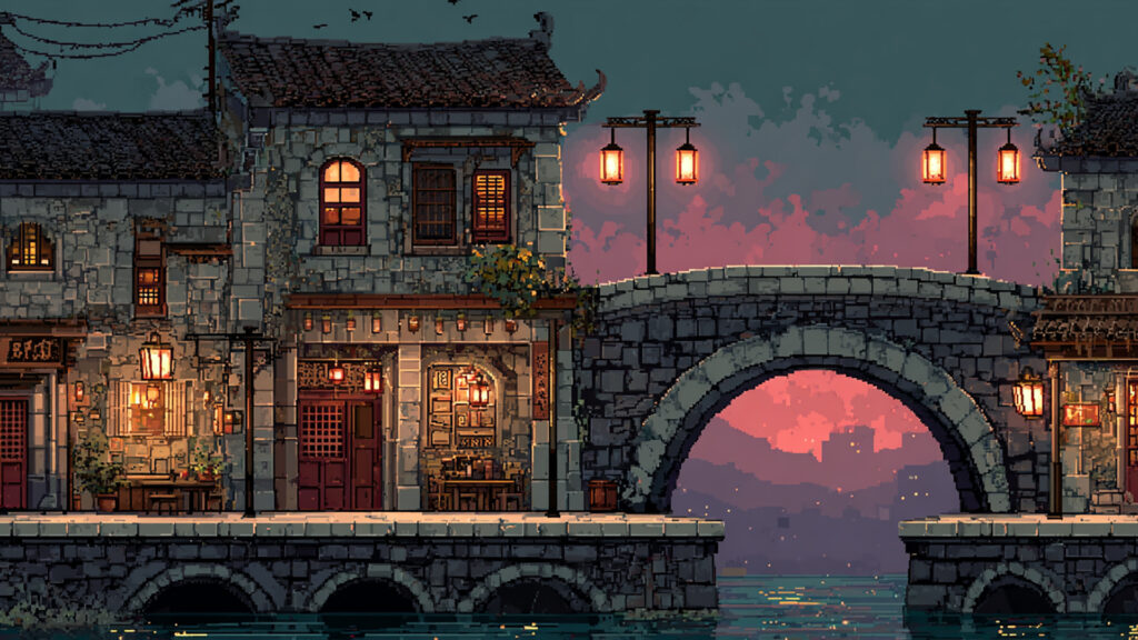 ドット絵風｜橋上の街並み背景素材