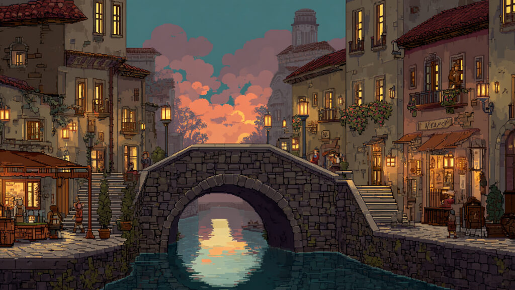 橋上の街並みの背景イラストのフリー素材