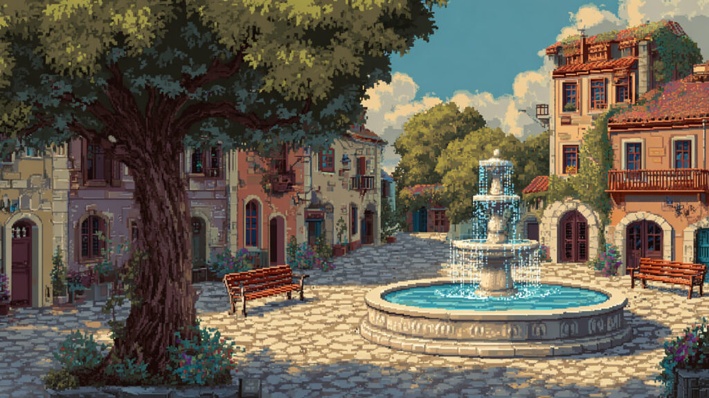 村の広場の背景イラストのフリー素材