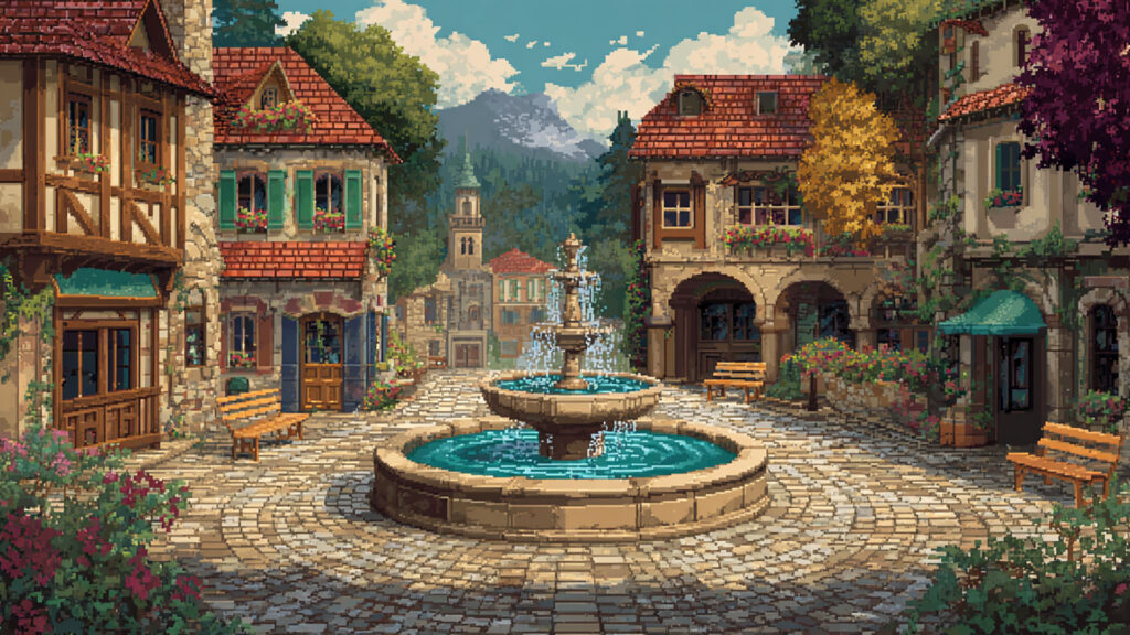 ドット絵風｜村の広場背景素材