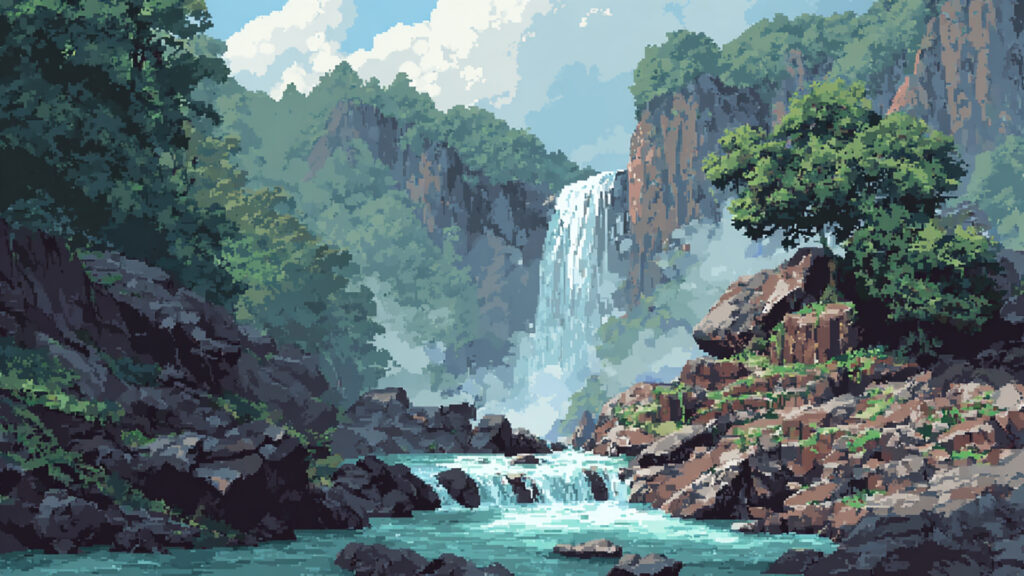 滝と渓流の背景イラストのフリー素材