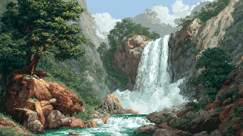 ドット絵風｜滝と渓流の背景素材