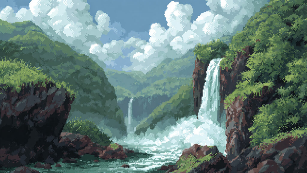 ドット絵風｜滝と渓流の背景素材