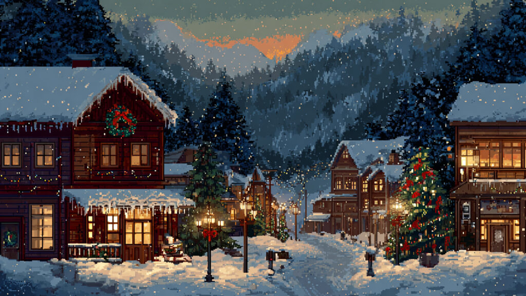 冬のクリスマス村の背景イラストのフリー素材