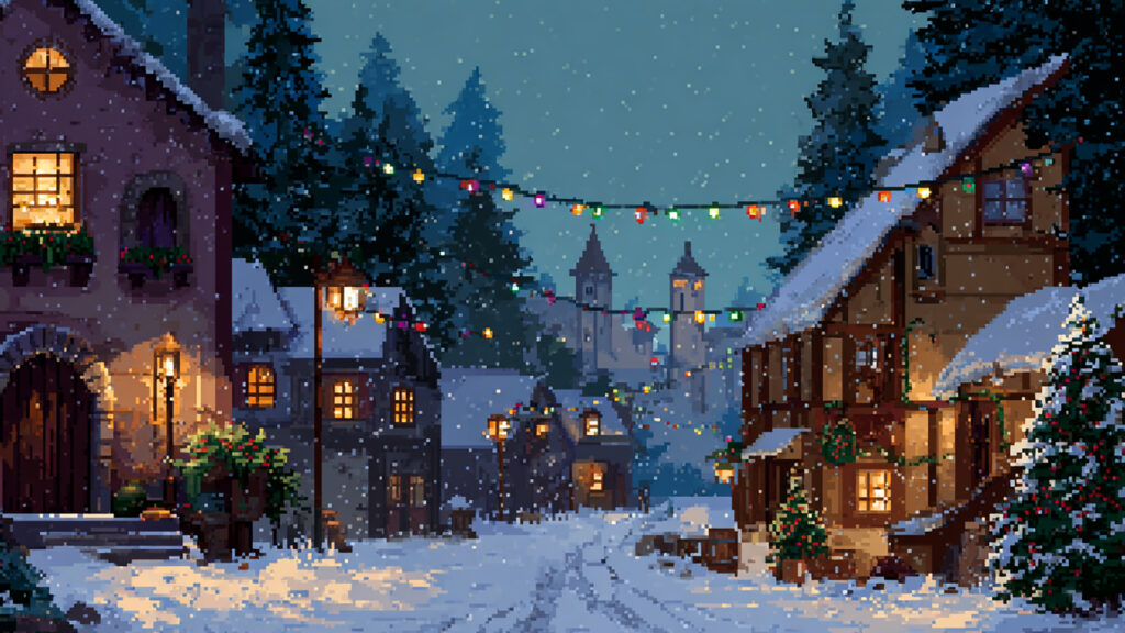 ドット絵風｜冬のクリスマス村背景素材