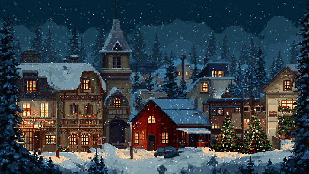 ドット絵風｜冬のクリスマス村背景素材