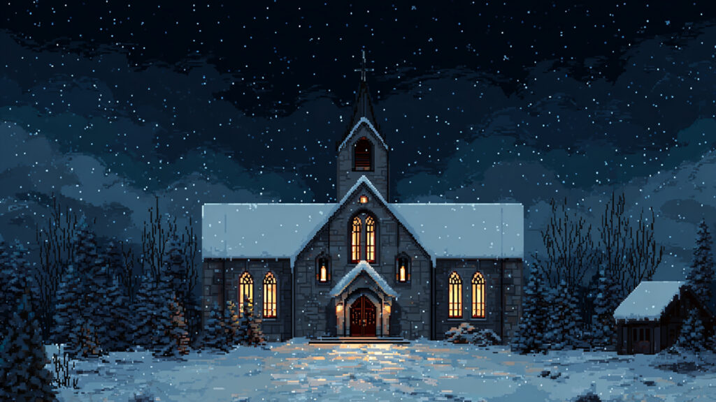 ドット絵風｜冬の教会と聖夜の背景素材