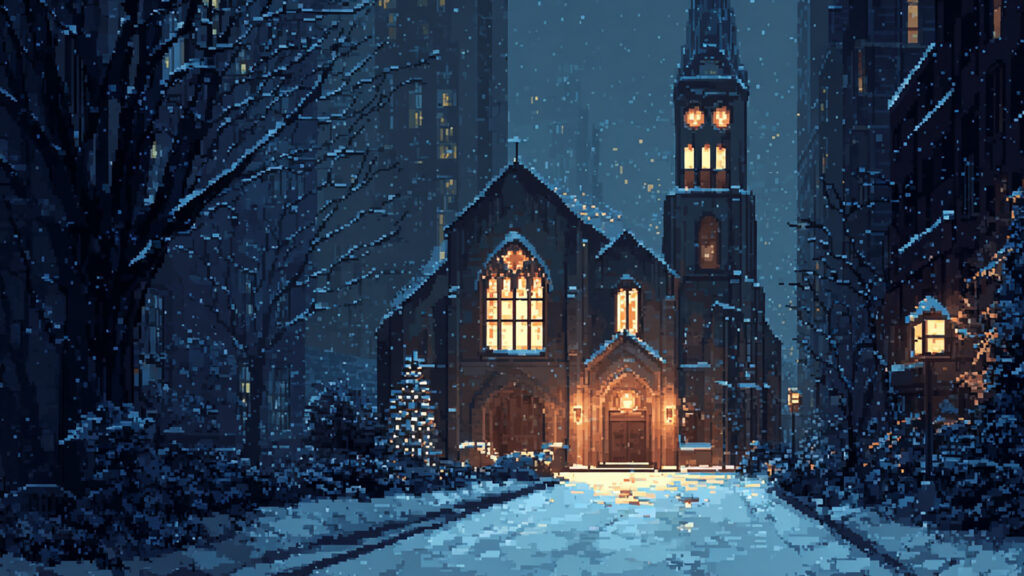 ドット絵風｜冬の教会と聖夜の背景素材