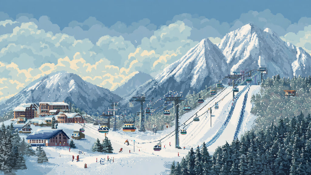 ドット絵風｜冬のスキー場背景素材