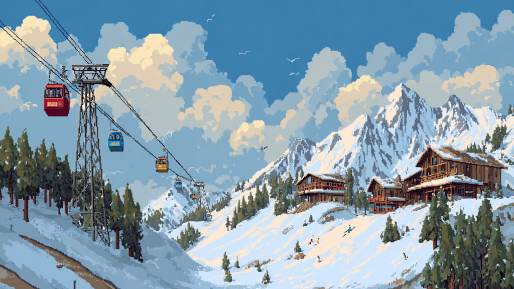 ドット絵風｜冬のスキー場背景素材