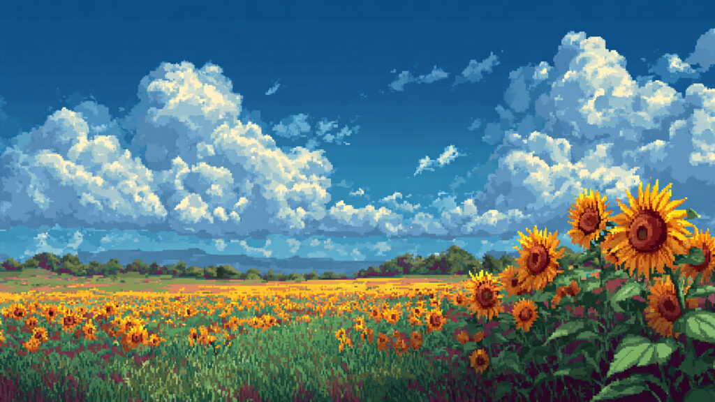 ドット絵風｜ひまわり畑の背景素材