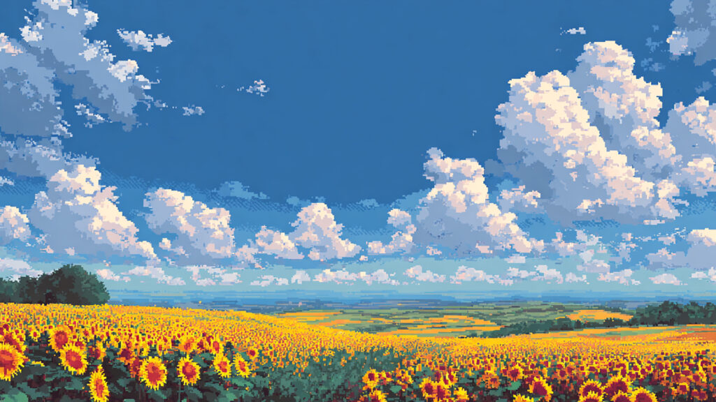 ドット絵風｜ひまわり畑の背景素材