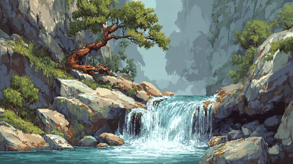 ドット絵風｜滝の背景素材