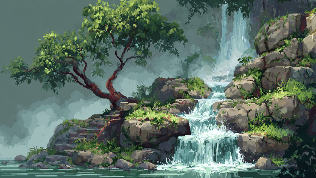 ドット絵風｜滝の背景素材