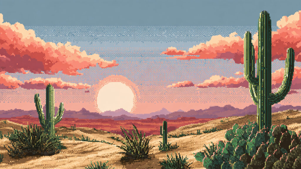 ドット絵風｜砂漠のサボテン背景素材