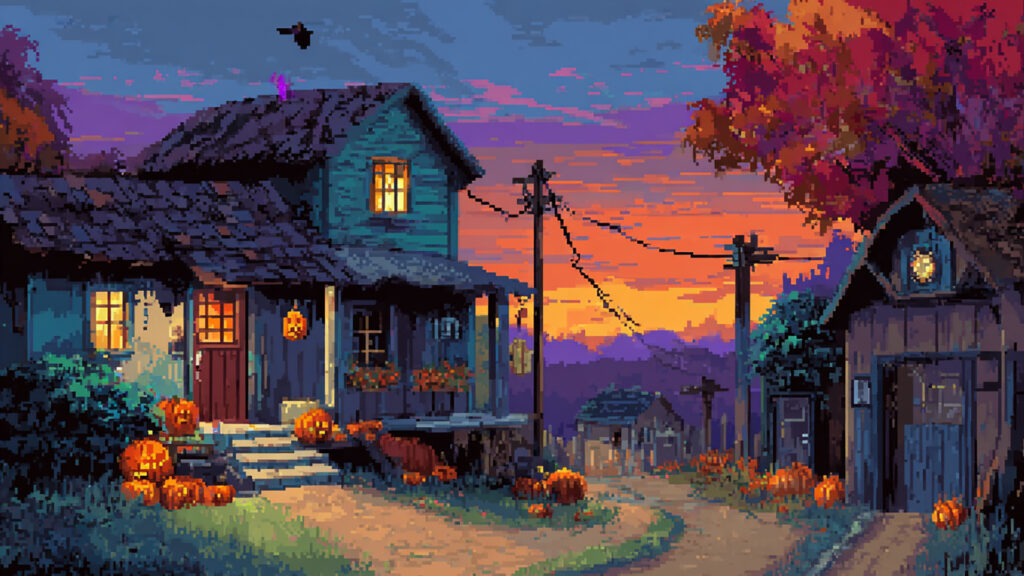 ドット絵風｜ハロウィンの村背景素材