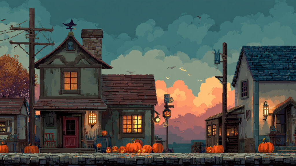 ドット絵風｜ハロウィンの村背景素材