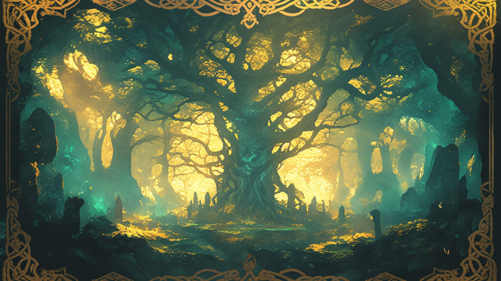 ケルト装飾画風｜神聖な森と金の文様｜幻想的・自然・ファンタジー