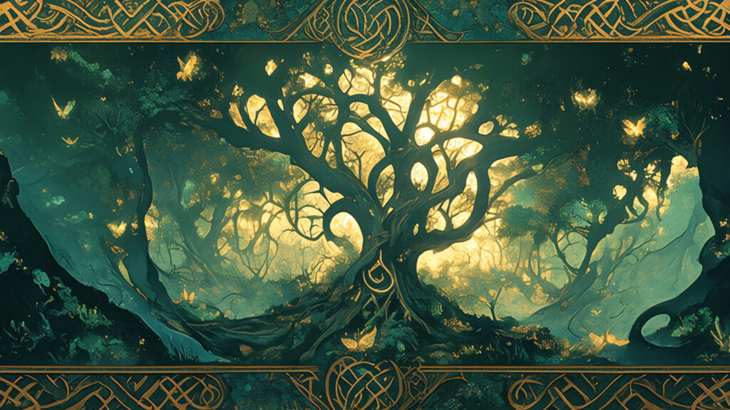 ケルト装飾画風｜神聖な森と金の文様｜幻想的・自然・ファンタジー