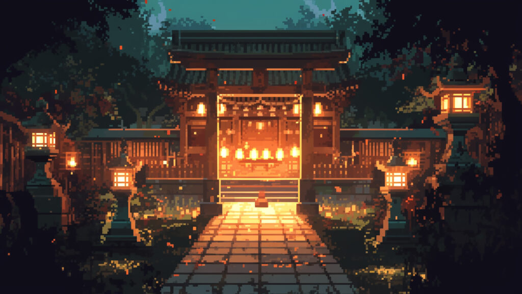 夜の神社｜ドット絵風の背景イラストのフリー素材