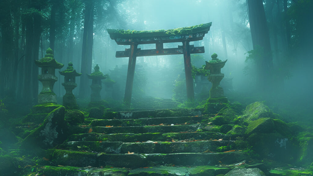 霧に包まれた神社