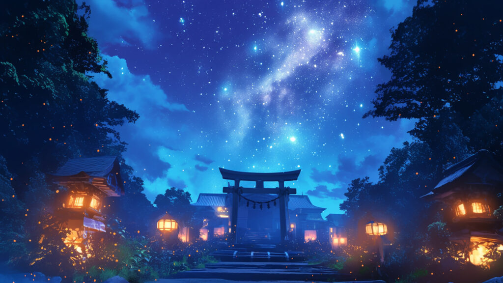 星降る神社の背景イラストのフリー素材