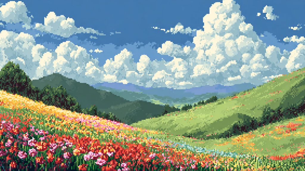 ドット絵風｜花畑の背景素材