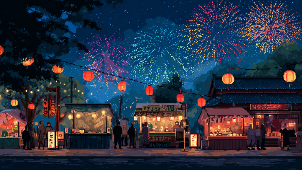 ドット絵風｜夏祭り夜景背景素材