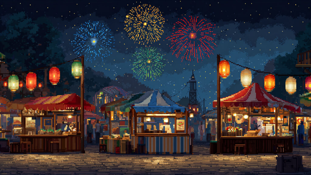 ドット絵風｜夏祭り夜景背景素材