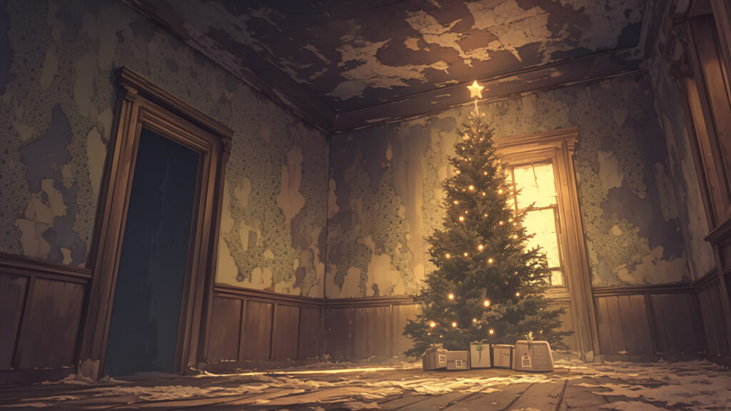 クリスマスツリーのある朽ちた洋館