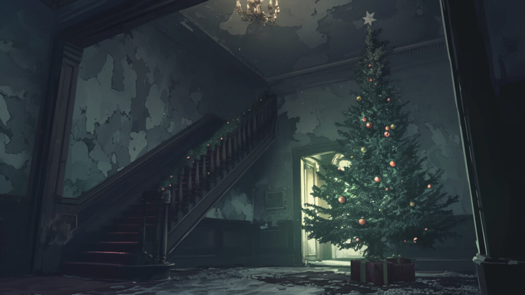 クリスマスツリーのある朽ちた洋館