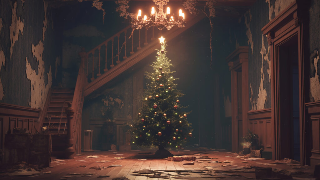 クリスマスツリーのある朽ちた洋館の背景イラストのフリー素材