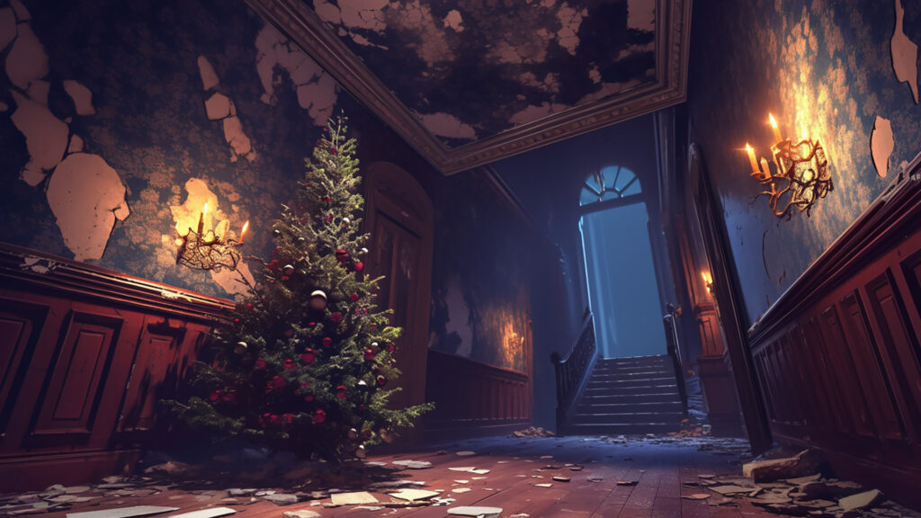 クリスマスツリーのある朽ちた洋館