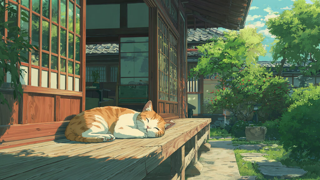 縁側でくつろぐ猫