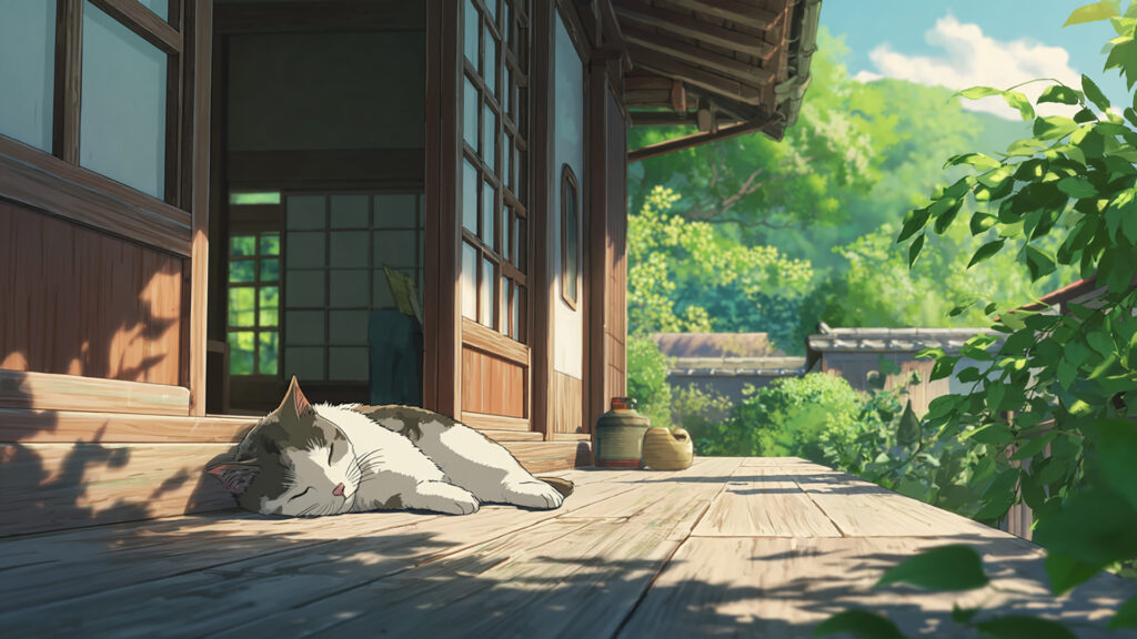 縁側でくつろぐ猫