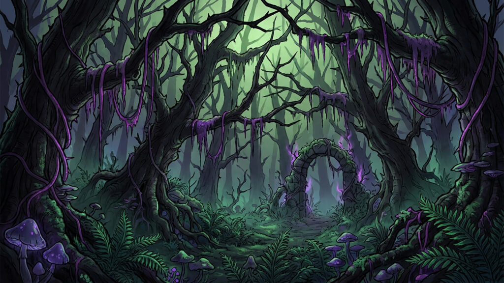 薄暗く呪われた暗黒の森の背景イラストのフリー素材