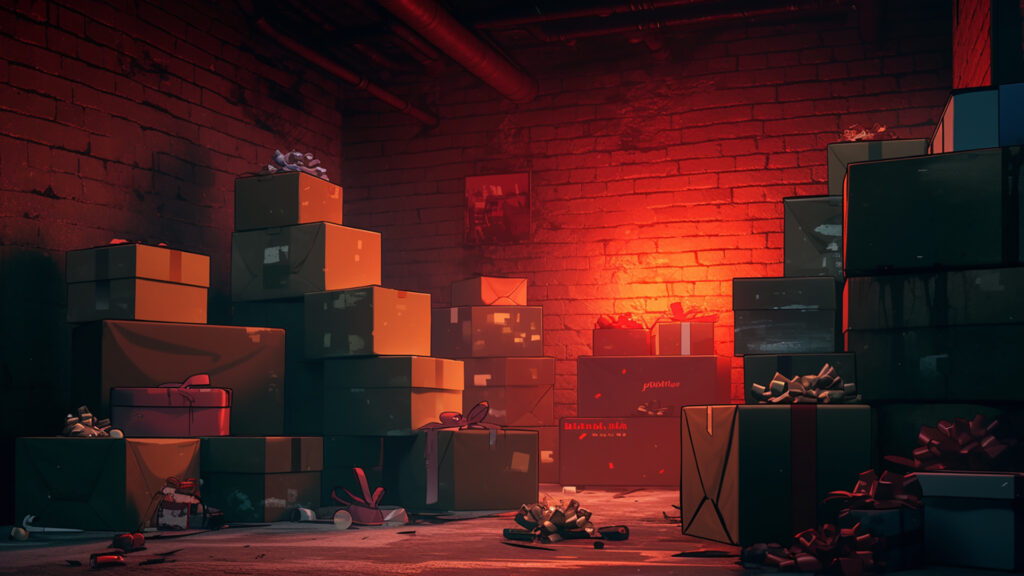 クリスマスの箱が積まれた暗闇の地下室
