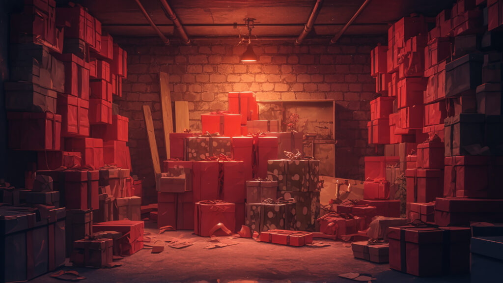 クリスマスの箱が積まれた暗闇の地下室