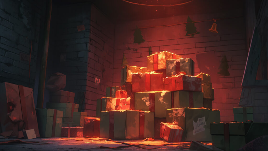 クリスマスの箱が積まれた暗闇の地下室