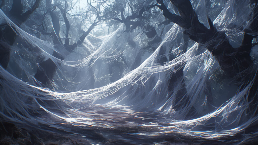 繭のような蜘蛛の巣で覆われた森の背景イラストのフリー素材