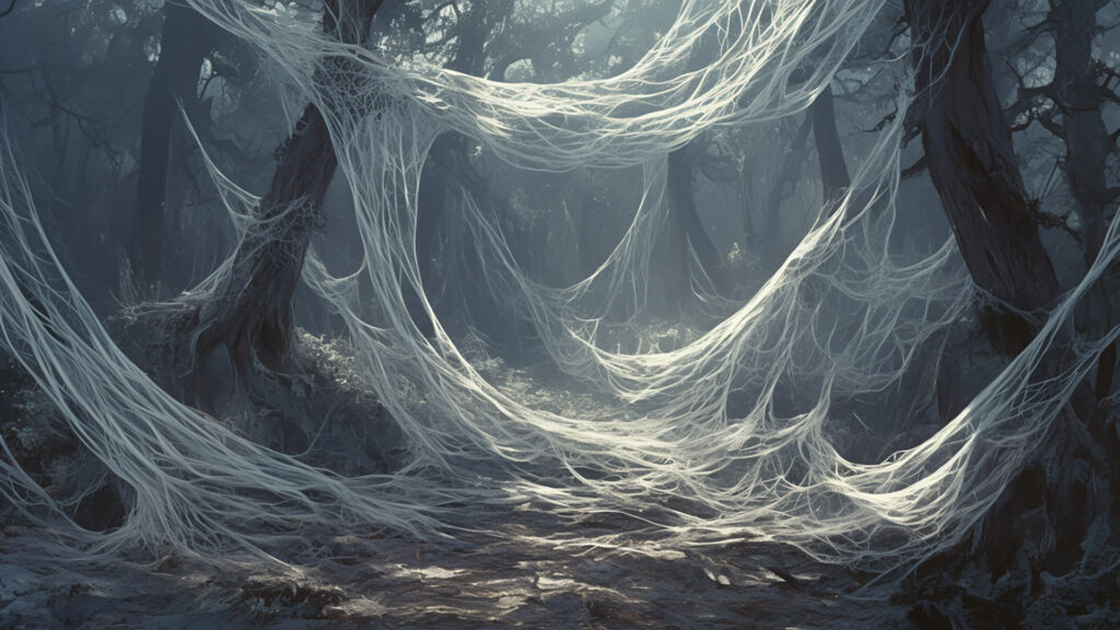 繭のような蜘蛛の巣で覆われた森