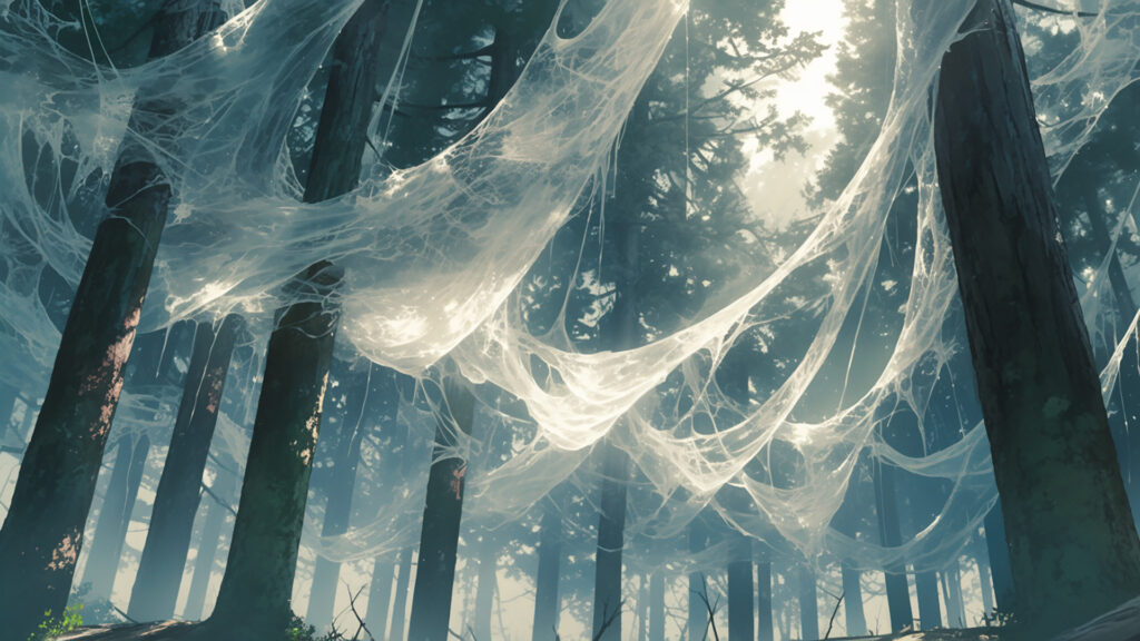 繭のような蜘蛛の巣で覆われた森