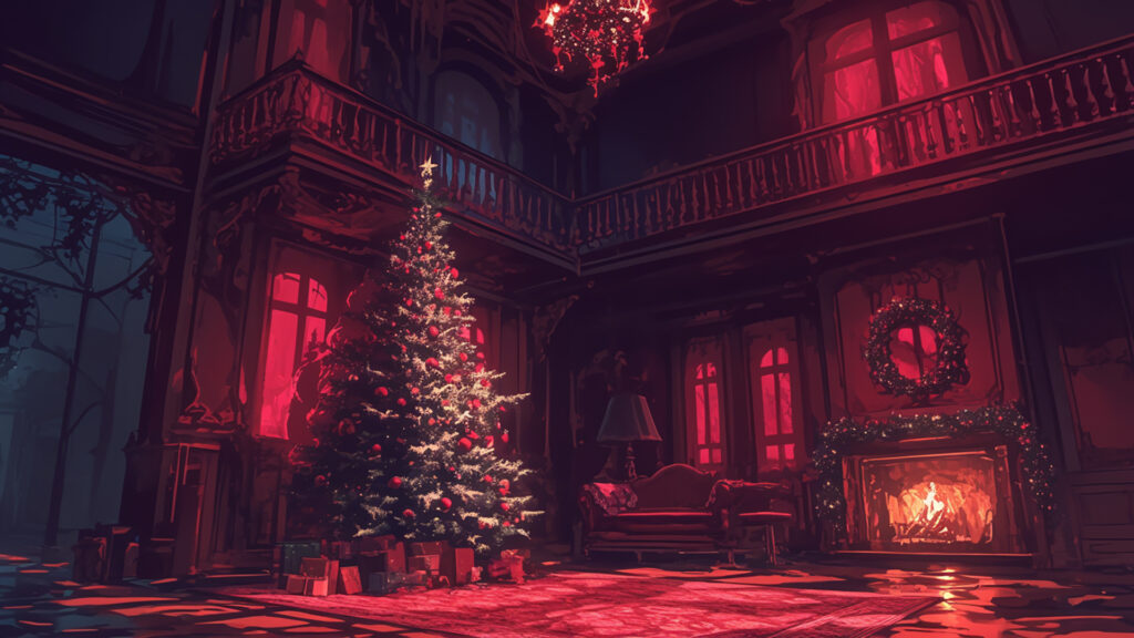赤く光るクリスマスツリーのあるホラー洋館の背景イラストのフリー素材