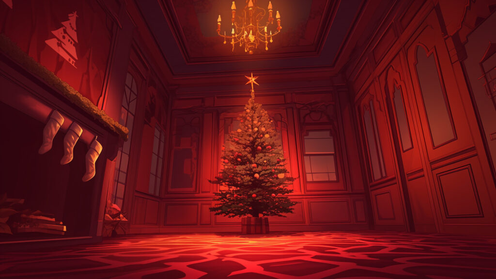 赤く光るクリスマスツリーのあるホラー洋館