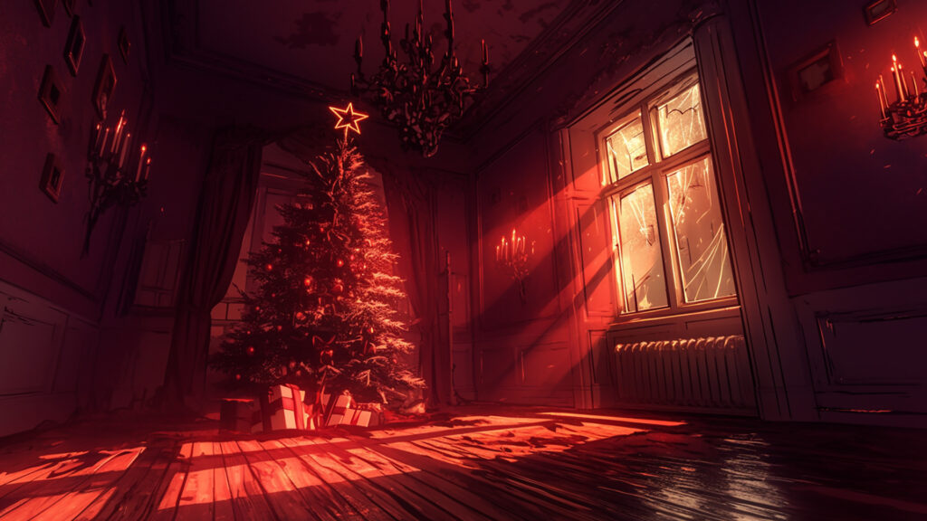 赤く光るクリスマスツリーのあるホラー洋館