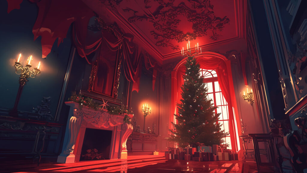 赤く光るクリスマスツリーのあるホラー洋館