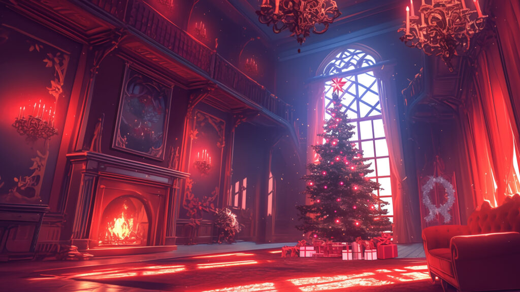 赤く光るクリスマスツリーのあるホラー洋館