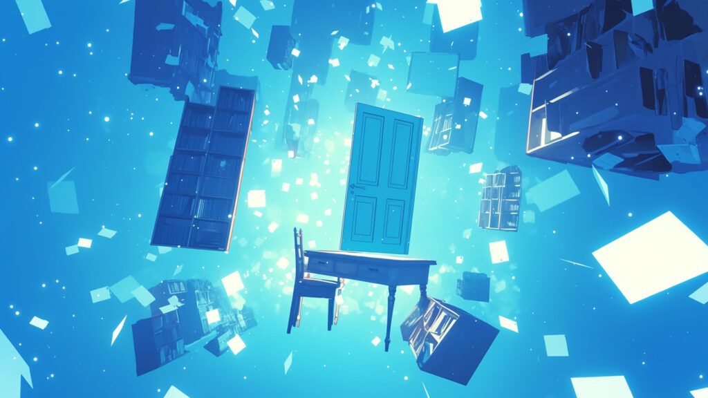 家具が浮遊する不思議な部屋の背景イラストのフリー素材